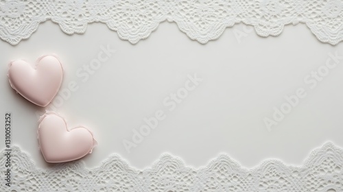 Two pink hearts placed on a white surface with lace details
