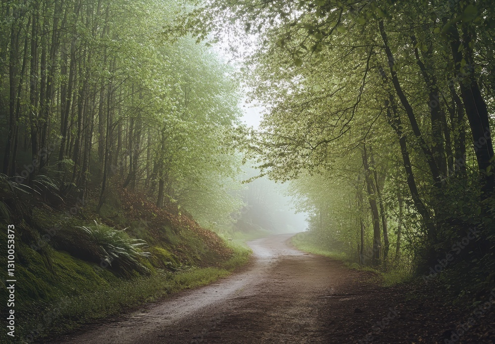 Naklejka premium Serene Misty Path Through Lush Green Forest Showcasing Peaceful Nature Scene in Early Morning Light with Soft Fog and Quiet Atmosphere