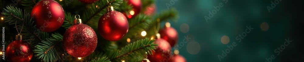 Sparkling red and gold ornaments suspended from the branches of a towering Christmas tree, ornaments, decoration Sparkling red and gold ornaments suspended from the branches of a towering Christmas tree, ornaments, decoration