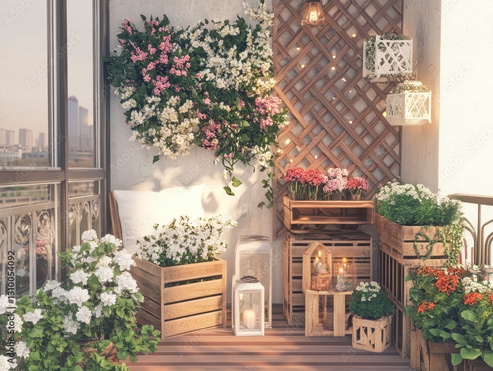 Fototapeta premium A cozy balcony space decorated with flowers and wood elements