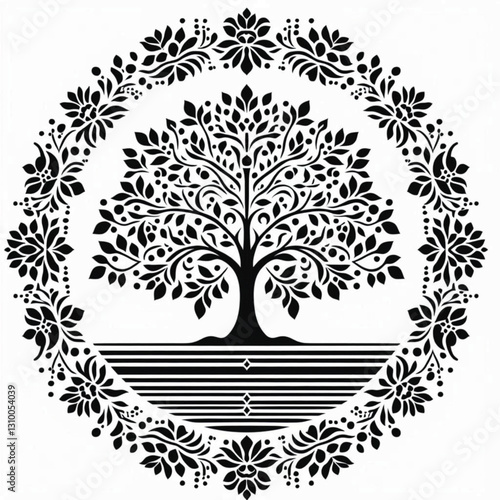 A Stencil  Art simple Tree of life border design  silhouette for kameez , black and white, white background