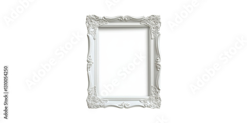 Ornate white photo frame with intricate details isolated on transparent background