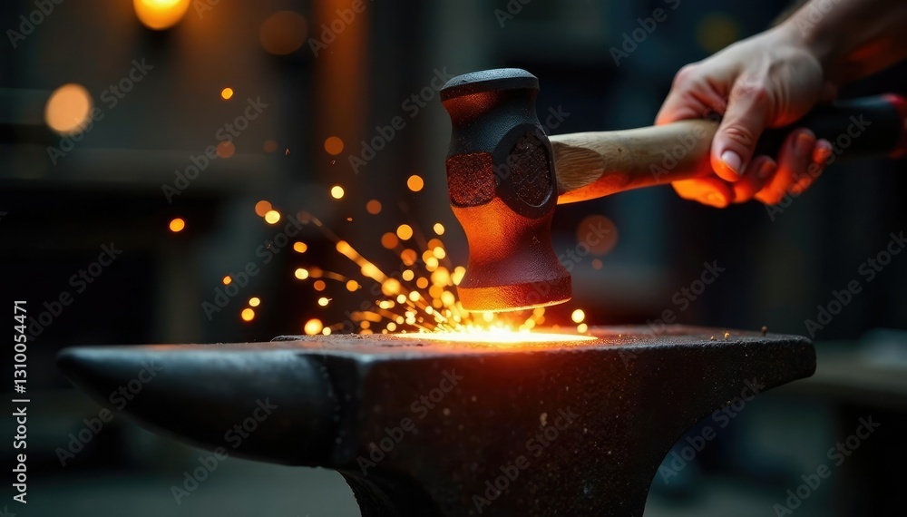 Hammer striking anvil in the heart of the forge, forge, sparks Hammer striking anvil in the heart of the forge, forge, sparks