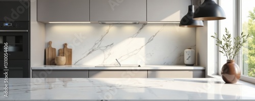 Polished marble kitchen surface, hanging black lamp, simple vase , high res, image