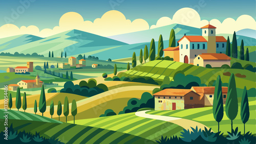 picturesque Tuscany countryside with rolling green hills and stone cottages