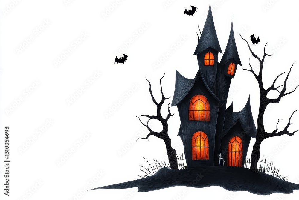 custom made wallpaper toronto digitalSpooky Haunted House Illustration - A whimsical haunted house silhouette with glowing windows, surrounded by bats and barren trees, perfect for Halloween themes