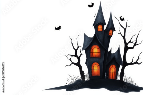 Wallpaper Mural Spooky Haunted House Illustration - A whimsical haunted house silhouette with glowing windows, surrounded by bats and barren trees, perfect for Halloween themes Torontodigital.ca