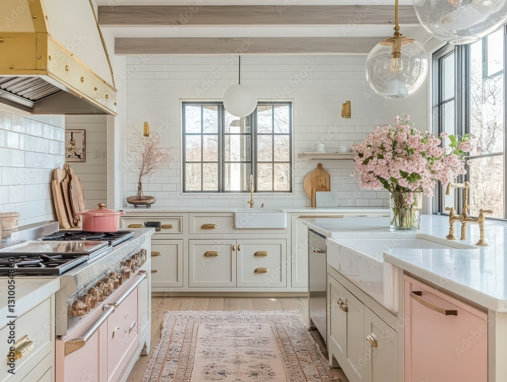 Fototapeta premium A bright kitchen with a charming floral arrangement and appliances
