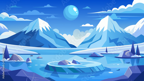 stylized flat design Arctic tundra and icy mountains