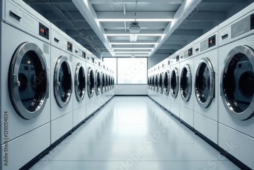 Rows of large commercial washing machines in a spotless setting , bright space, industrial, commercial washers
