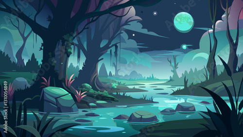 mystical moonlit swamp with eerie glowing plants and misty waters