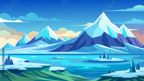 stylized flat design Arctic tundra and icy mountains