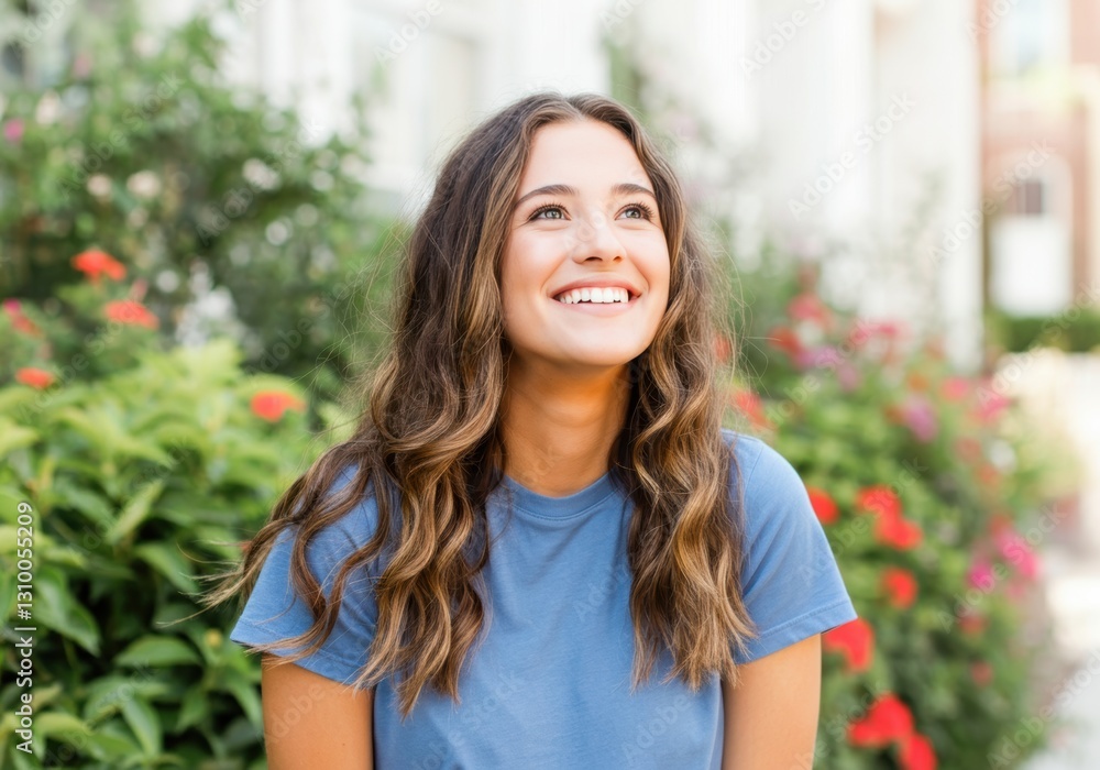 Smiling woman enjoying a sunny day in a vibrant garden setting Smiling woman enjoying a sunny day in a vibrant garden setting