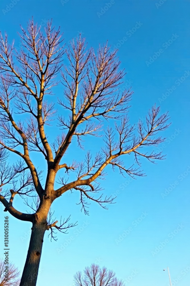 Tree with bare branches against a clear blue sky, winter, branch