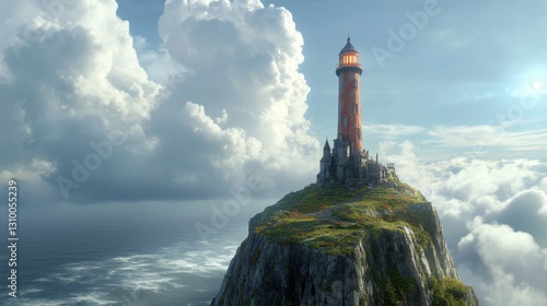 Obraz na płótnie Beacon of the Coast: Lighthouse on a Cliff with Sea and Clouds in a Dramatic Coastal Landscape w salonie