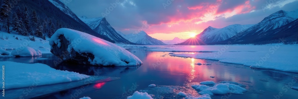 Obraz premium Light dance on the surface of a frozen boulder, frozen tundra, frozen lakes