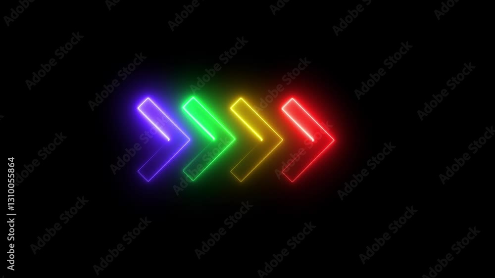 bright neon light arrows pointing to the right. 3D rendering of glowing neon arrows on a black background. Flashing direction indicators. bright neon light arrows pointing to the right. 3D rendering of glowing neon arrows on a black background. Flashing direction indicators.