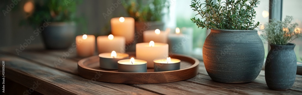 Rustic Candles and Plants on Wooden Table for Cozy Atmosphere Rustic Candles and Plants on Wooden Table for Cozy Atmosphere