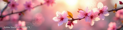Pink and white blossoms on almond trees with sunlight filtering through the flowers, bloom, blossomy