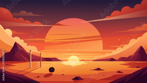 A breathtaking sunset serves as the backdrop for an epic game in the sand soccer championships.. Vector illustration