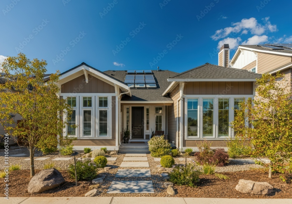Modern house with solar panels and landscaped garden in bright sunlight Modern house with solar panels and landscaped garden in bright sunlight
