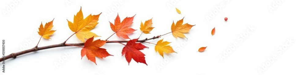 Fototapeta premium Single branch with fallen leaves and twigs isolated on white background, autumn, nature