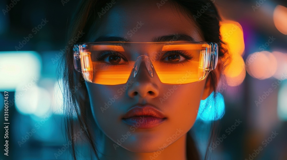 Cyberpunk Vision: Woman in Glowing Glasses Cyberpunk Vision: Woman in Glowing Glasses