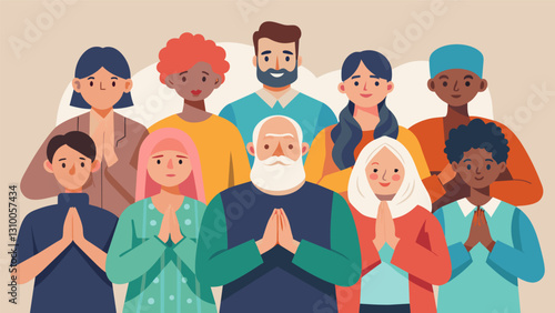 People of all ages and backgrounds come together to pray for the success and growth of the missions united in their common goal.. Vector illustration