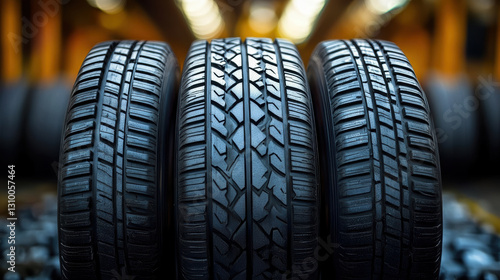Three high-performance tires lined up in a warehouse showcasing intricate tread patterns and textures