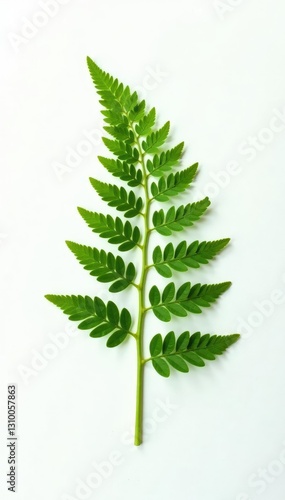 Single fern frond against pure white background, botanical, flowerless, green