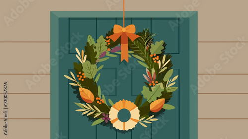 A holiday wreath made entirely from dried flowers and herbs hanging on a front door with an ecofriendly burlap ribbon.. Vector illustration
