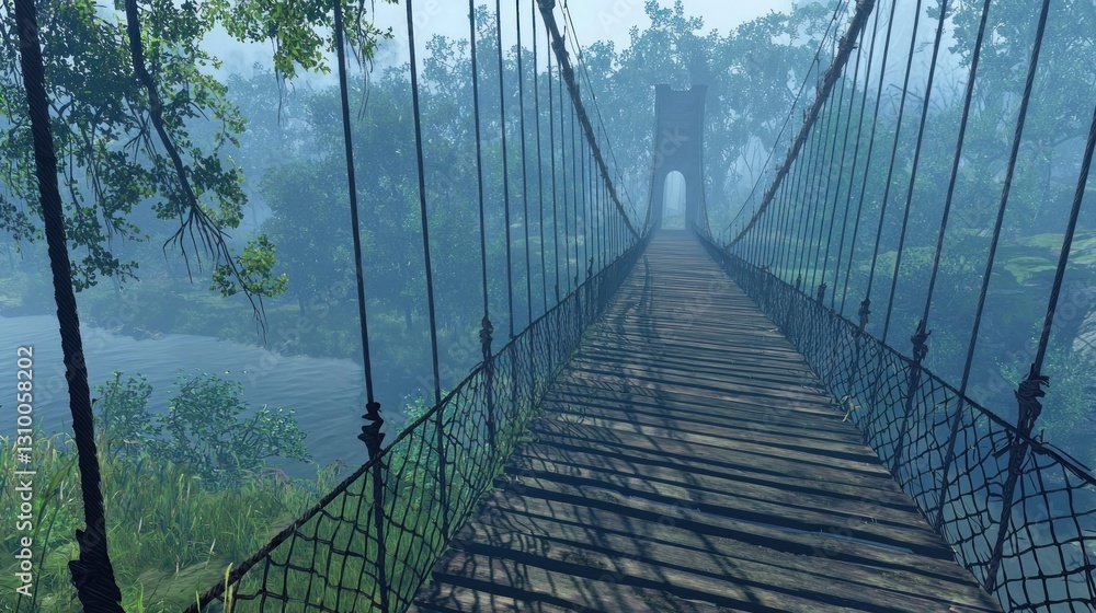 Obraz premium Misty jungle suspension bridge walkway