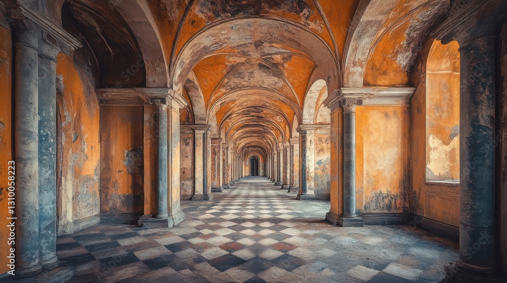 Obraz premium The Worn Arches of Time: Hallway Perspective with Checkerboard Floor and Patina Walls
