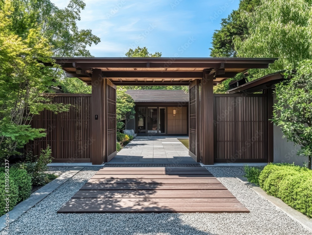 A wooden gate frames the walkway to the modern residence entrance A wooden gate frames the walkway to the modern residence entrance