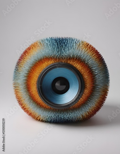 A colorful, round, textured object with a black circular lens in the center.