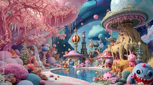 Colorful Cartoon Fantasy Landscape with Playful Characters and Water Features