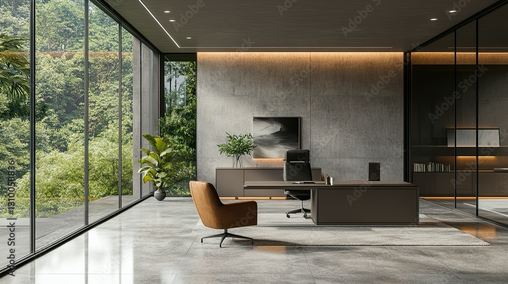 Modern minimalist office with a large glass window and sleek furniture. Modern minimalist office with a large glass window and sleek furniture.