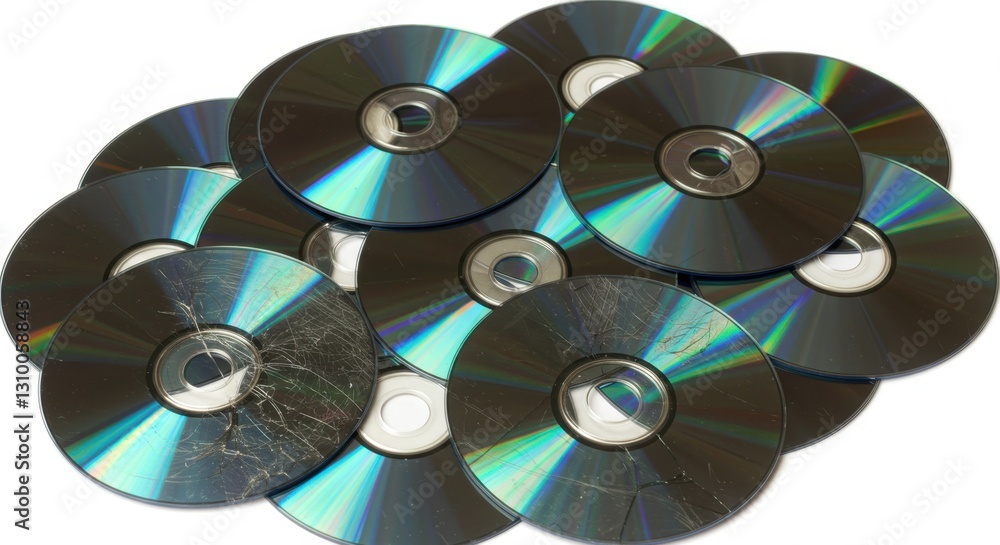 A Pile of Scratched and Cracked CDs and DVDs Reflecting Light A Pile of Scratched and Cracked CDs and DVDs Reflecting Light