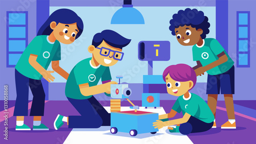 With meticulous precision a team of young engineers finetuned their robots sensors and programming making sure it was ready for the Youth Robotics. Vector illustration