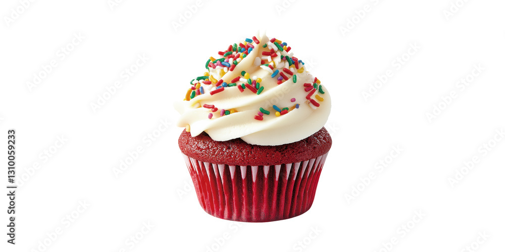 Red velvet cupcake with cream cheese frosting and sprinkles isolated on transparent background Red velvet cupcake with cream cheese frosting and sprinkles isolated on transparent background