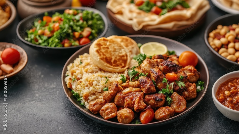 Sharing delicious iftar meal with grilled chicken, rice, and bread during ramadan Sharing delicious iftar meal with grilled chicken, rice, and bread during ramadan