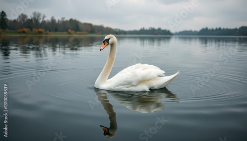 Graceful swan gliding on calm lake waters autumn landscape nature photography serene environment close-up view