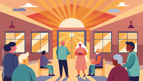 The morning sun streams through the windows of the community center the seniors in a warm glow.. Vector illustration