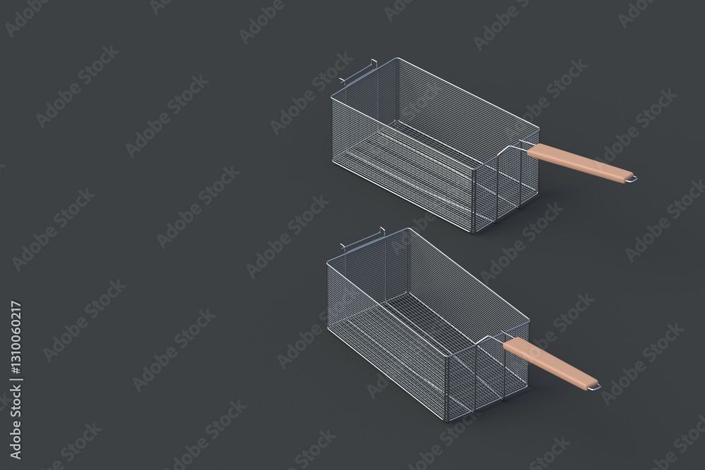 Two metal baskets for deep frying on gray background. Professional equipment. Kitchen accessories. Copy space. 3d render Two metal baskets for deep frying on gray background. Professional equipment. Kitchen accessories. Copy space. 3d render