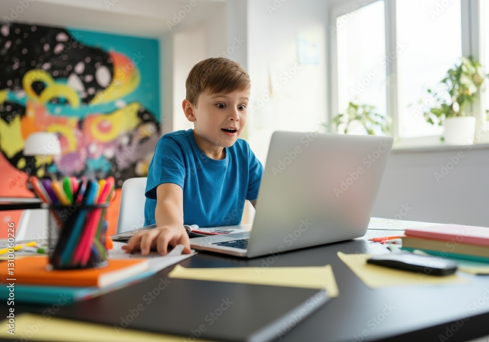 Excited boy using a laptop at a colorful desk filled with school supplies Excited boy using a laptop at a colorful desk filled with school supplies
