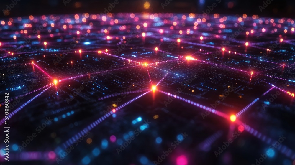 Obraz premium Global network data flow, glowing nodes, dark background, tech concept