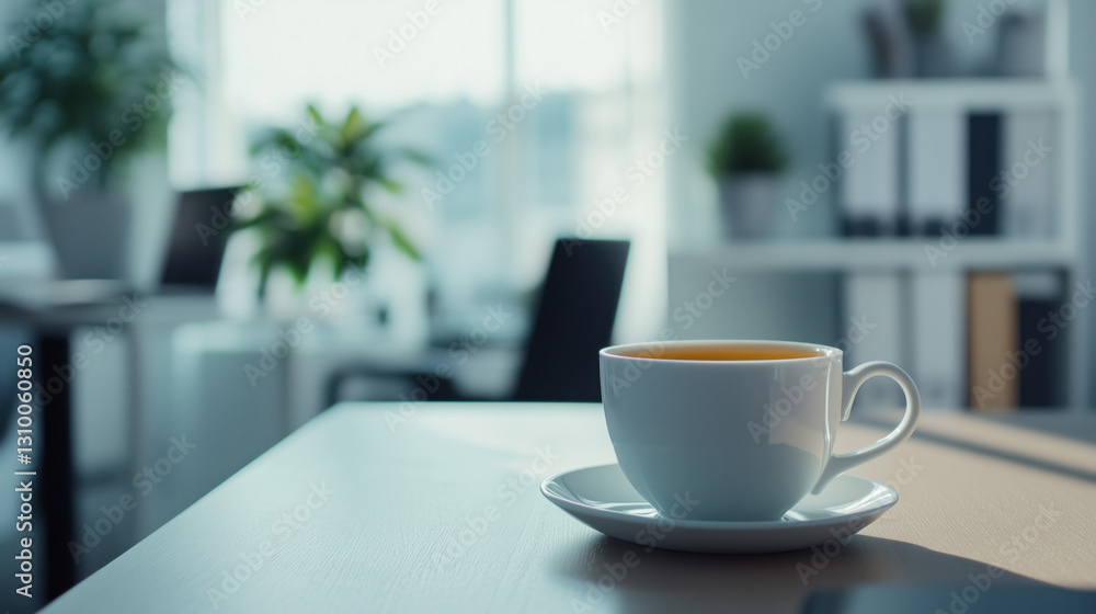 Side View of a Cup of Herbal Tea on a Professional Desk, with a Soft-Focus Office Setting in the Background and Plenty of Space for Copy or Text Insertion copy space Side View of a Cup of Herbal Tea on a Professional Desk, with a Soft-Focus Office Setting in the Background and Plenty of Space for Copy or Text Insertion copy space