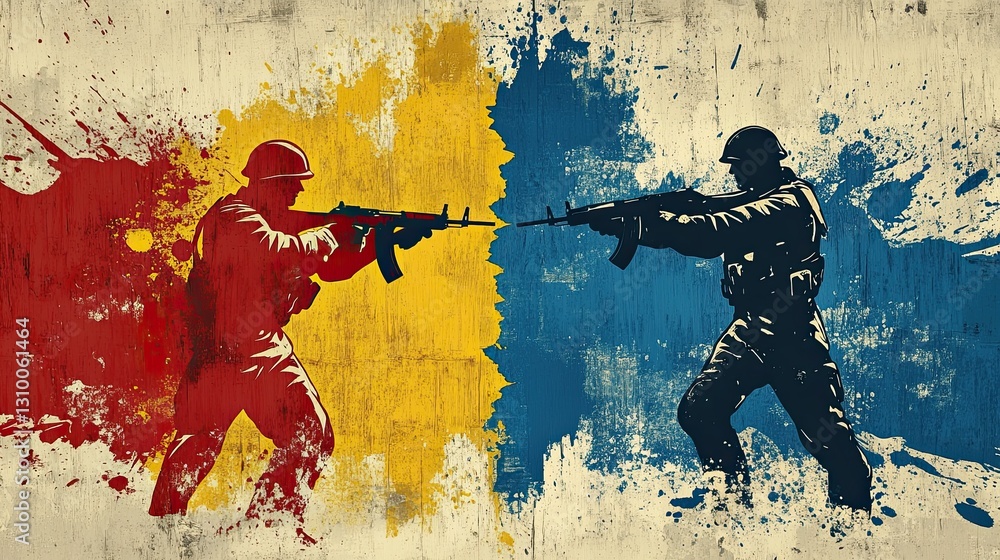 Abstract military confrontation with two opposing soldiers in red and blue splattered paint style symbolizing conflict and war Abstract military confrontation with two opposing soldiers in red and blue splattered paint style symbolizing conflict and war