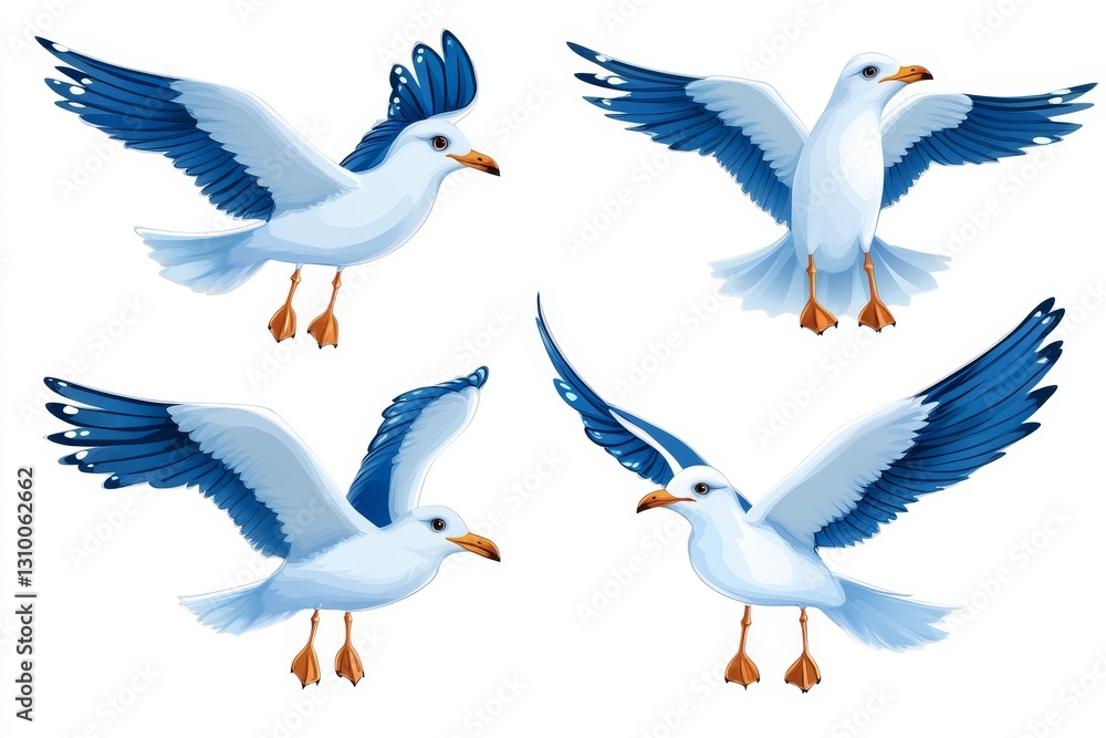 Obraz premium Colorful Cartoon Birds in Various Poses - A set of colorful cartoon birds showing different flying poses with vibrant blue wings and orange beaks