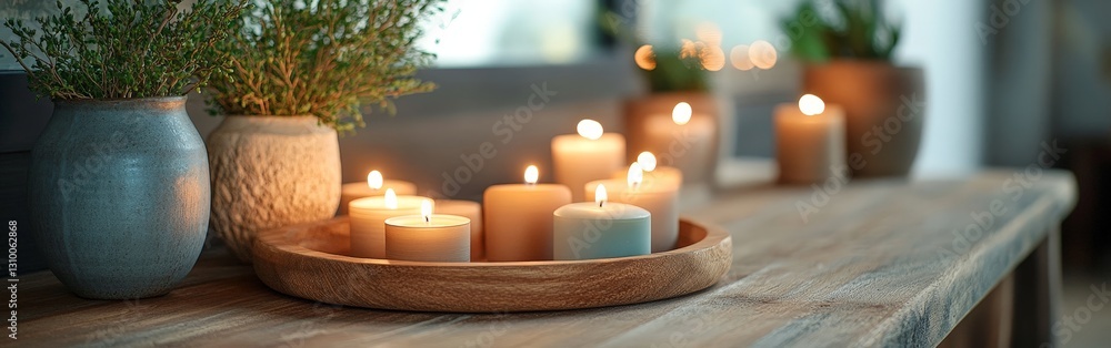 Rustic Candles and Plants on Wooden Table for Cozy Atmosphere Rustic Candles and Plants on Wooden Table for Cozy Atmosphere